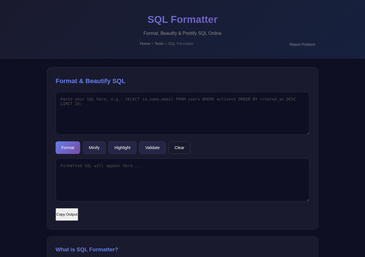 Format SQL Online — Free Tool