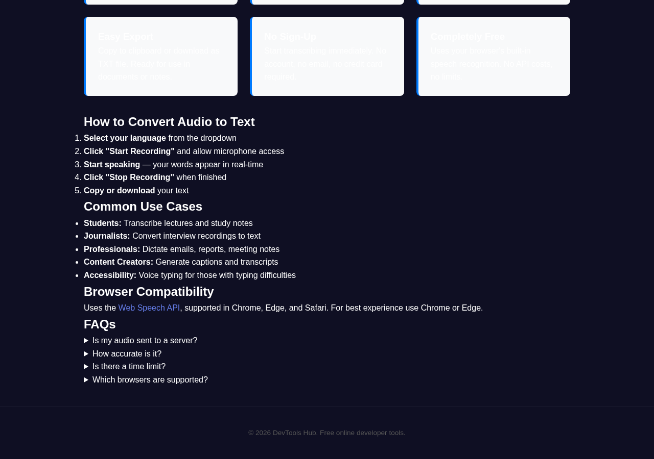 Audio To Text tool interface