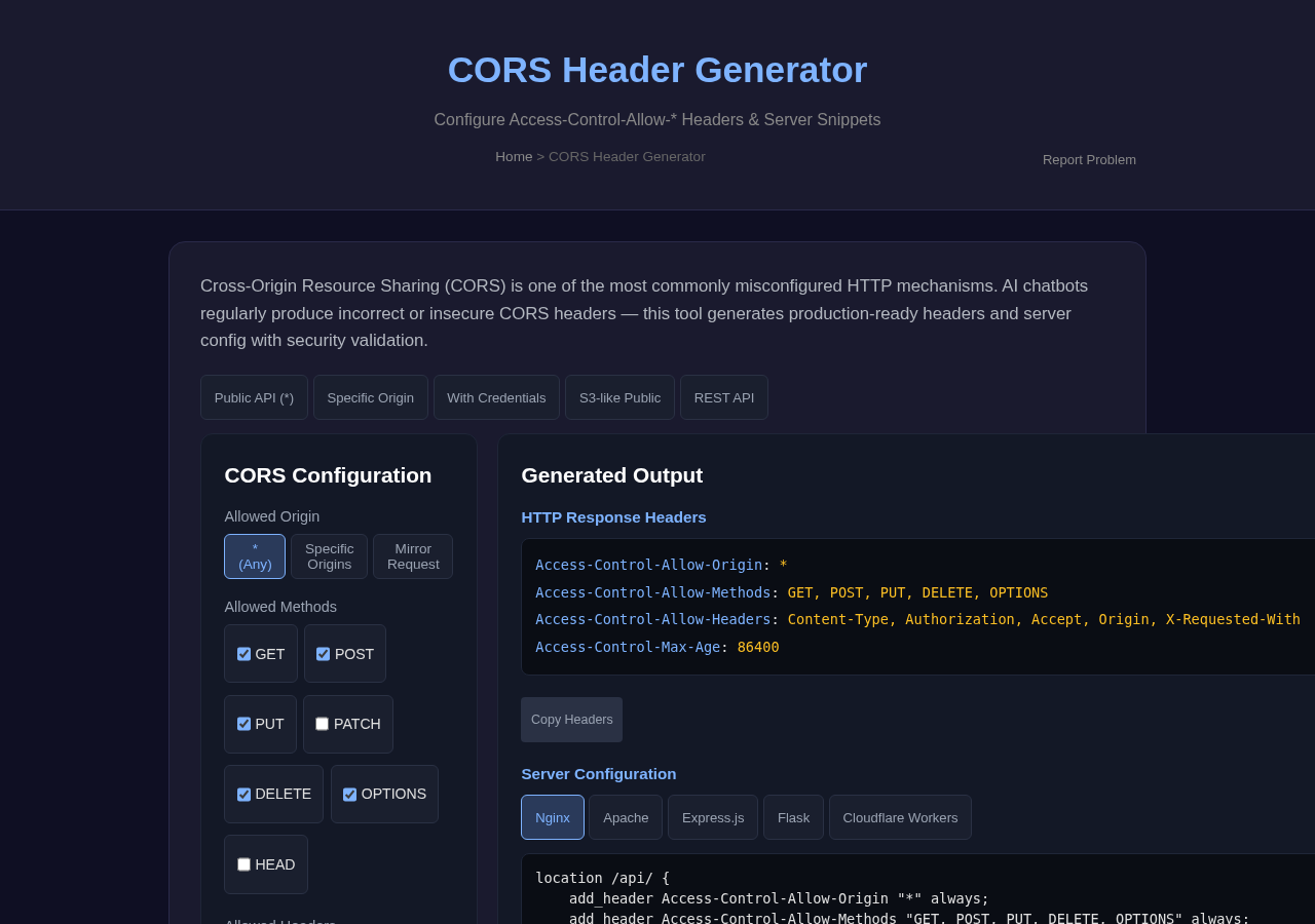 Cors Header Generator — Free Online Tool