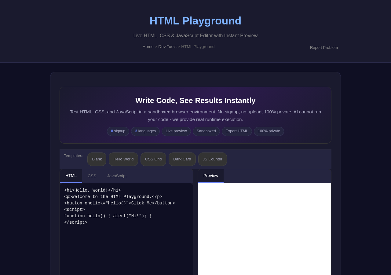 Html Playground — Free Online Tool
