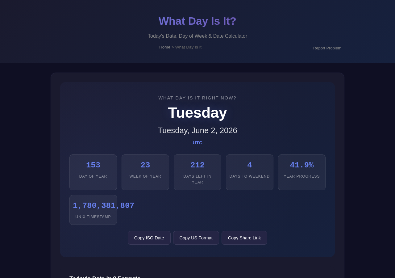 What Day Is It — Free Online Tool