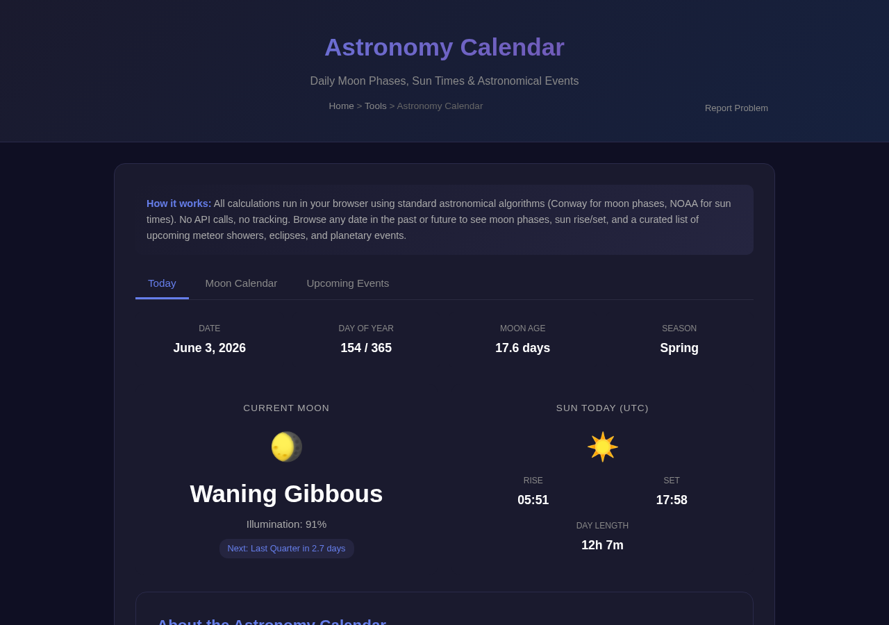 Astronomy Calendar — Free Online Tool