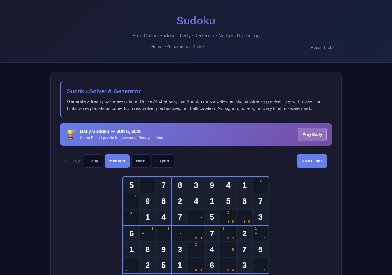 Sudoku — Free Online Tool
