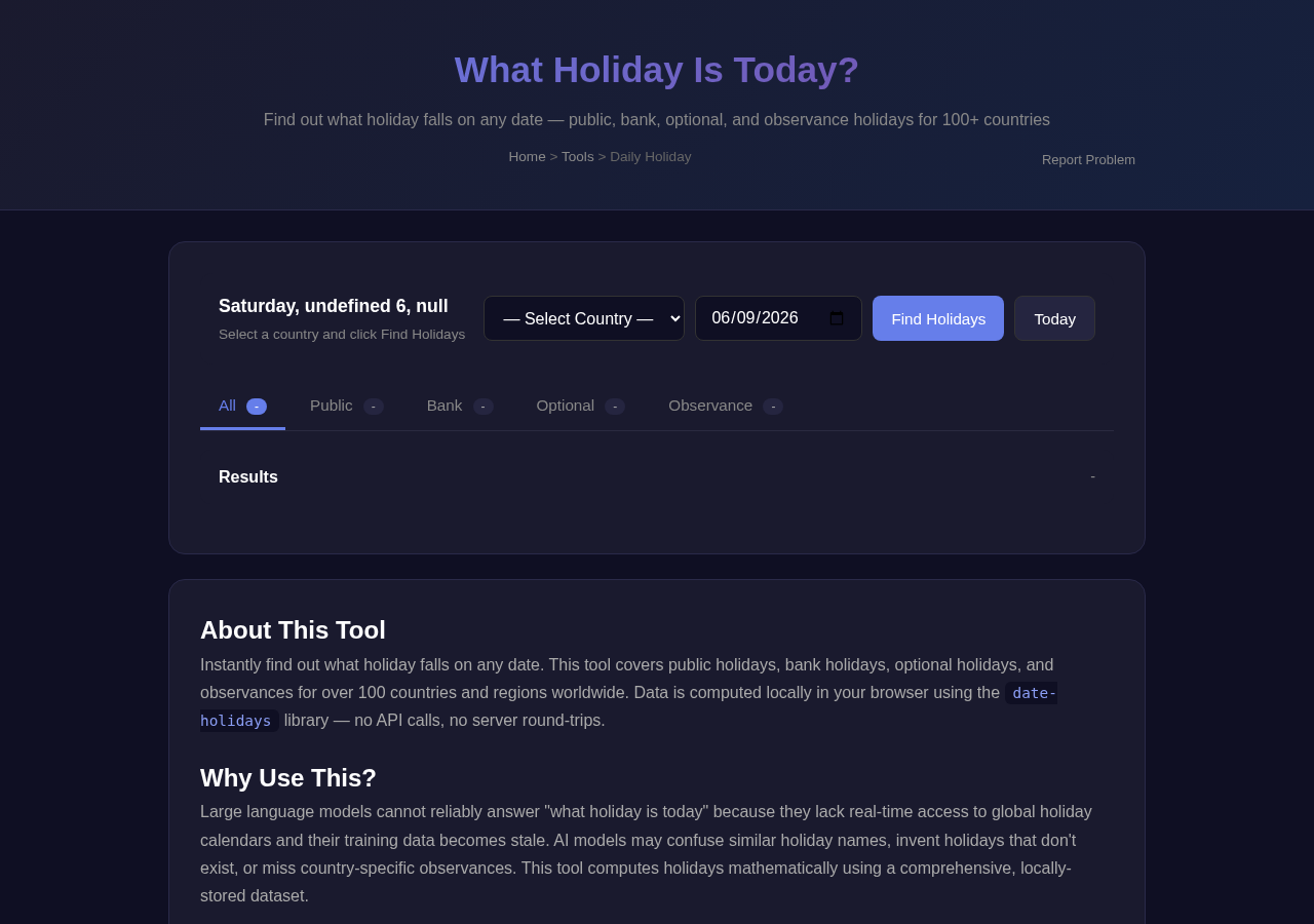 Daily Holiday — Free Online Tool