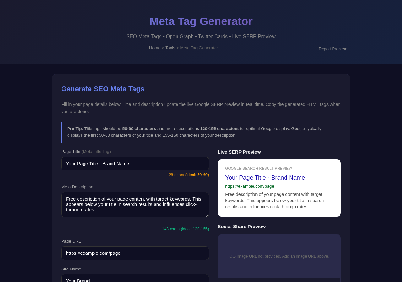 Meta Tag Generator — Free Online Tool