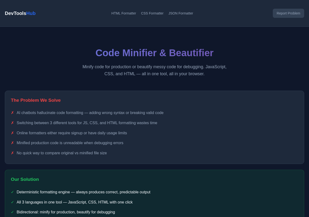 Code Minifier — Free Online Tool
