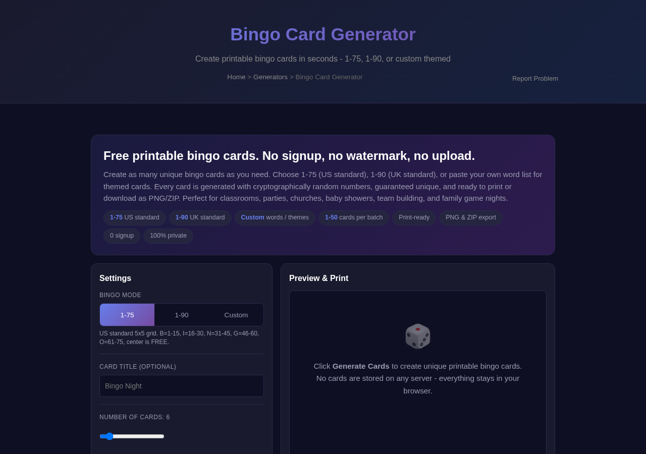 Bingo Card Generator — Free Online Tool