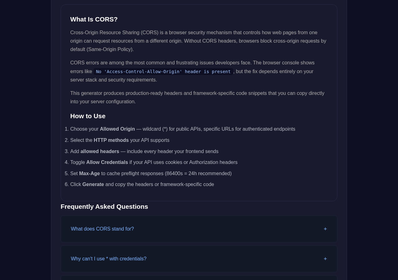 Cors Header Generator tool interface