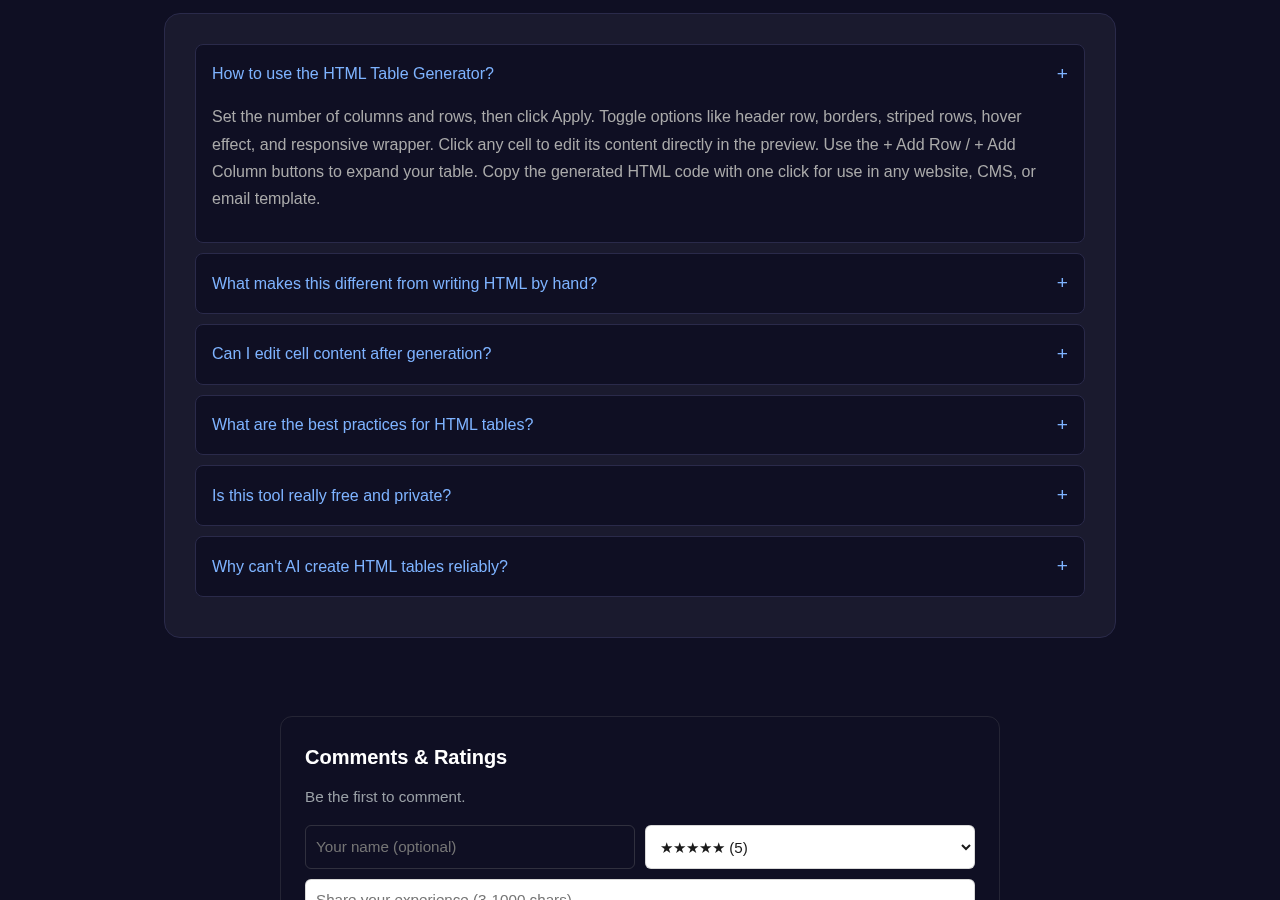 Html Table Generator tool interface