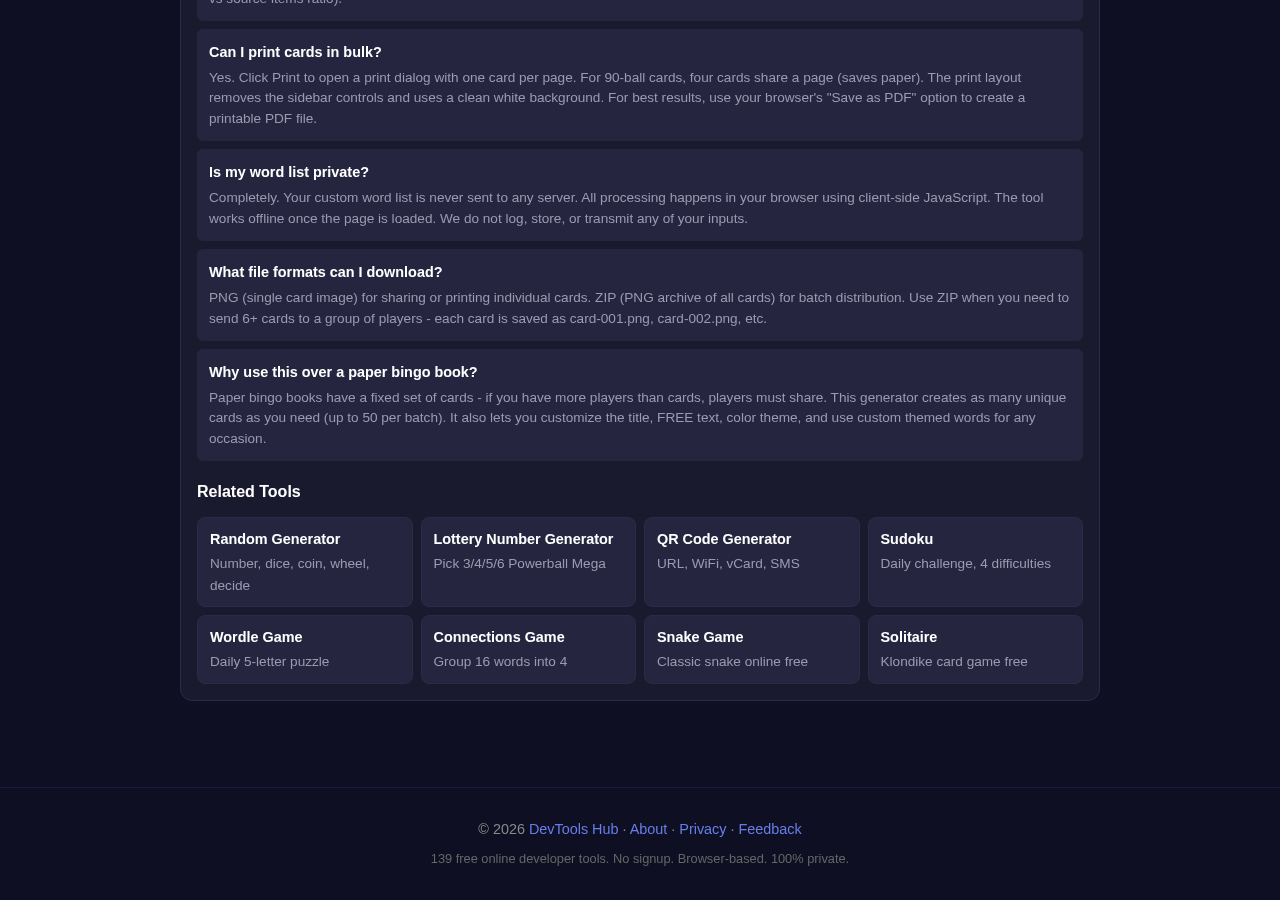 Bingo Card Generator tool interface