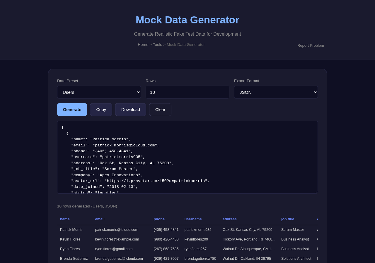 Mock Data Generator tool interface