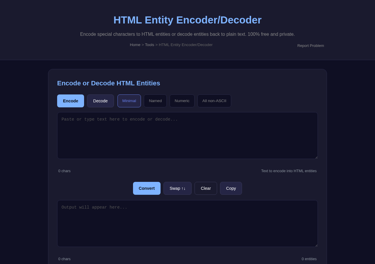 Html Entity Encoder tool interface