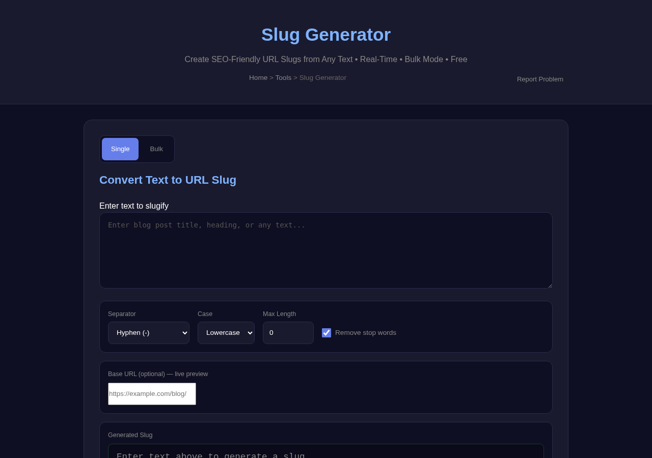 Slug Generator — Free Online Tool