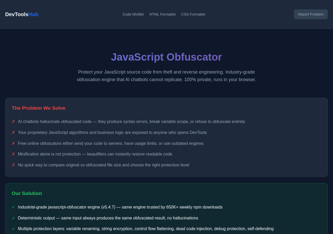 Javascript Obfuscator tool interface
