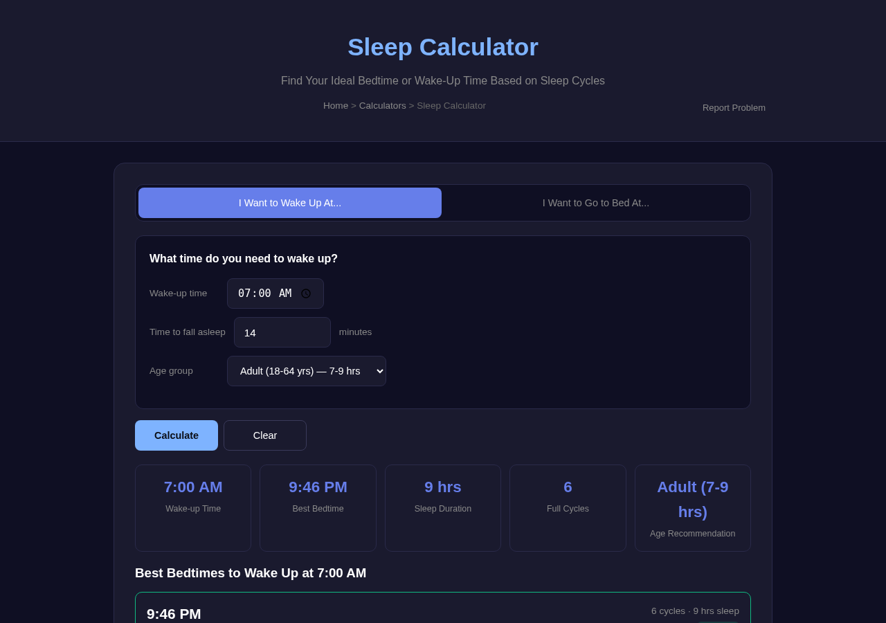 Sleep Calculator tool interface