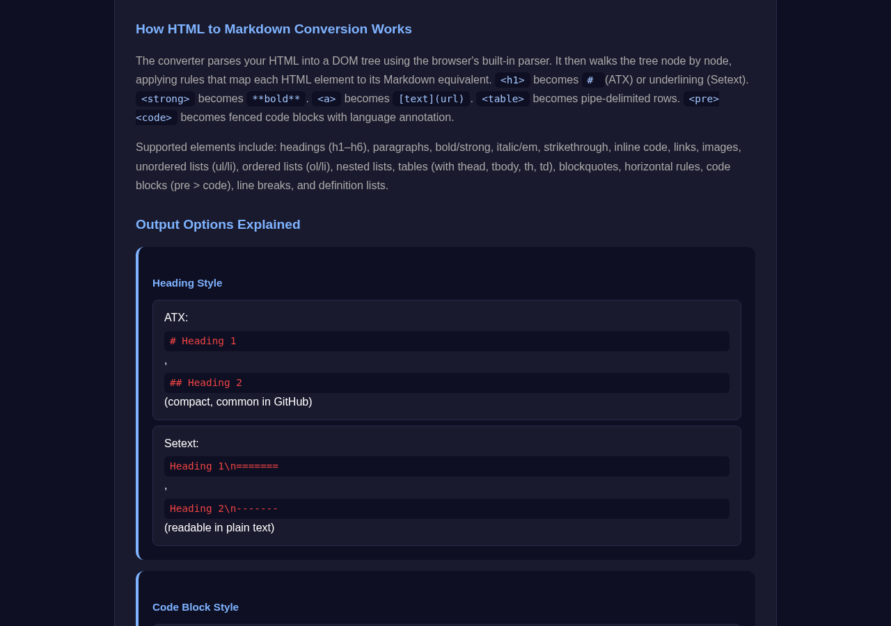 Html To Markdown Converter tool interface