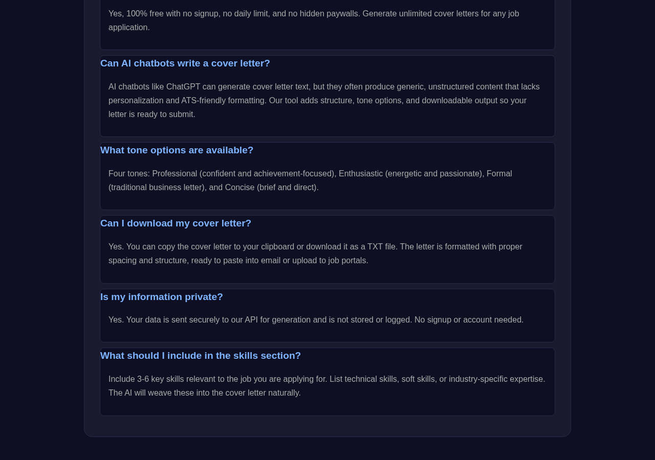 Cover Letter Generator tool interface