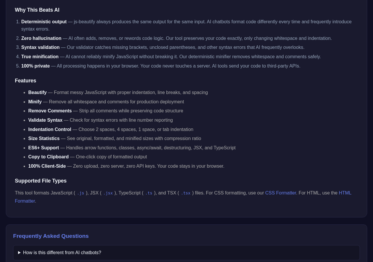Js Formatter tool interface