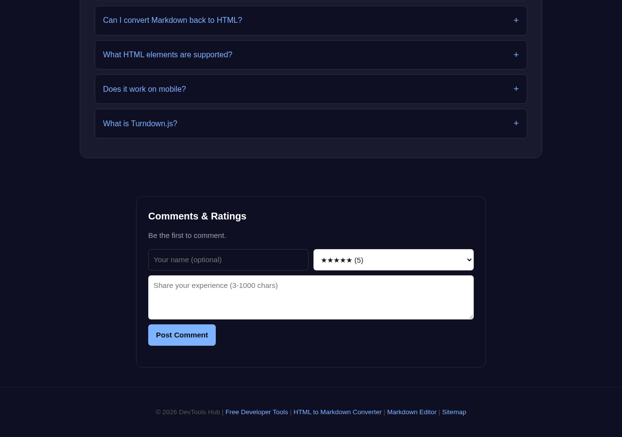 Html To Markdown Converter tool interface